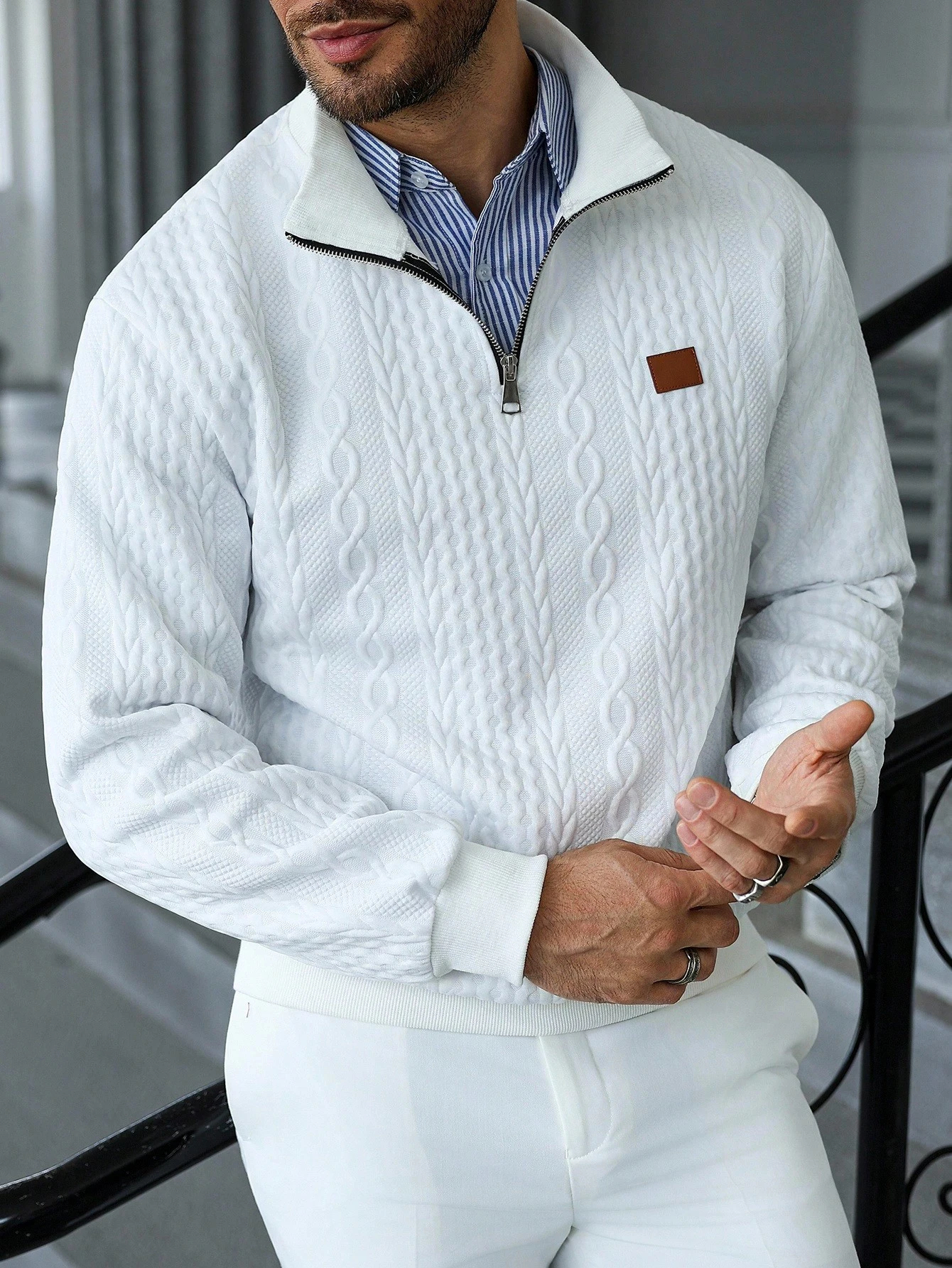 Men's Casual Solid Color Cable Knit Textured Quarter Zipper Stand Collar Sweatshirt