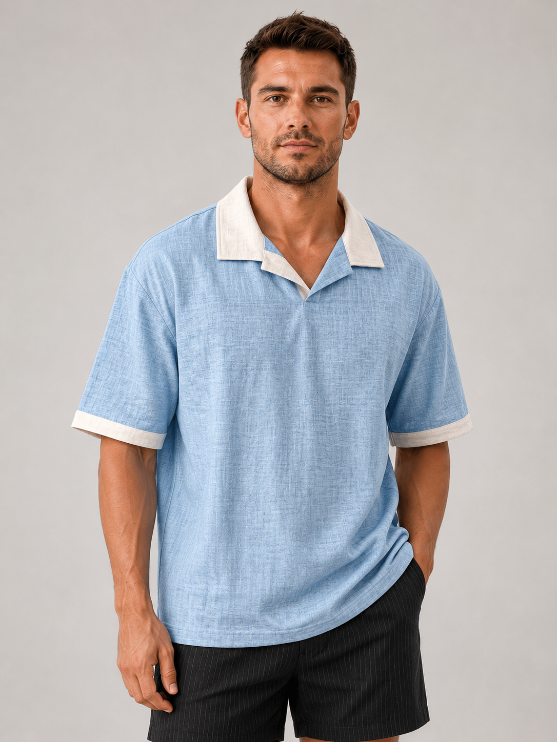 Men's Breathable Linen Color Block Pleated Resort Style Collared Shirt