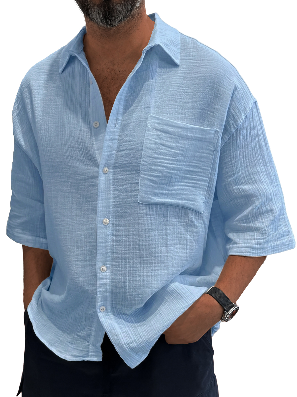 Men's Casual Loose Textured Striped Cool Short-Sleeve Shirt