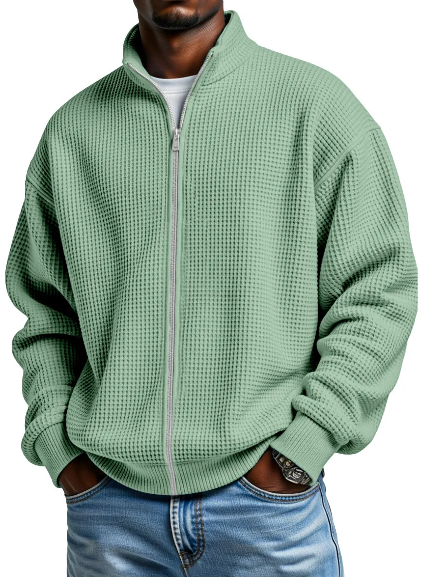 Men's Waffle Knit Full-Zip Jacket – Stand Collar Casual Layer