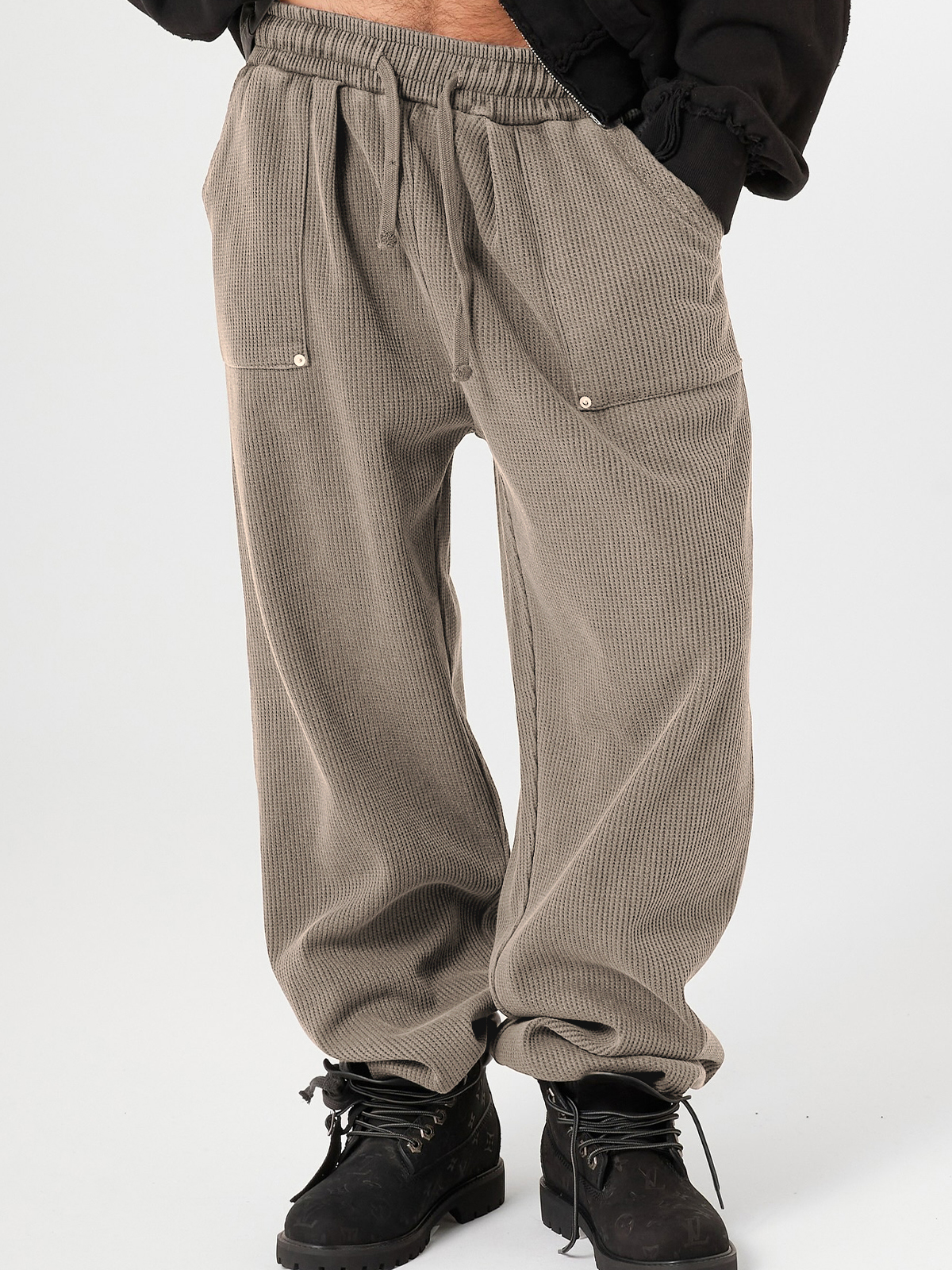 Men's Stylish Waffle-Knit Patchwork Design Baggy Pants