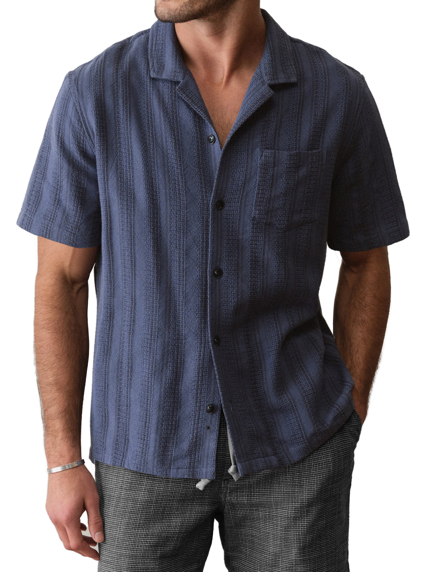 Men's Casual Breathable Comfortable Textured Jacquard Cuban Collar Shirt