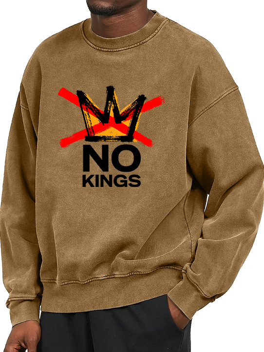 Men's Washed And Distressed Vintage No Kings Print Crewneck Sweatshirt