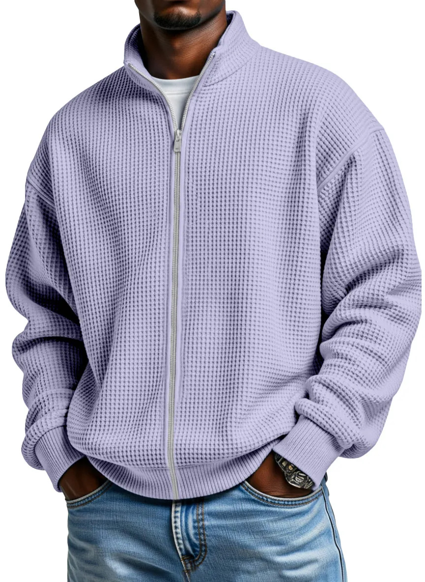 Men's Waffle Knit Full-Zip Jacket – Stand Collar Casual Layer