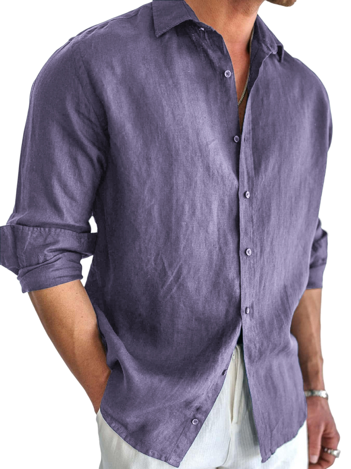 Men's Basic Cotton and Linen Long Sleeve Lapel Loose Button-down Cardigan Shirt