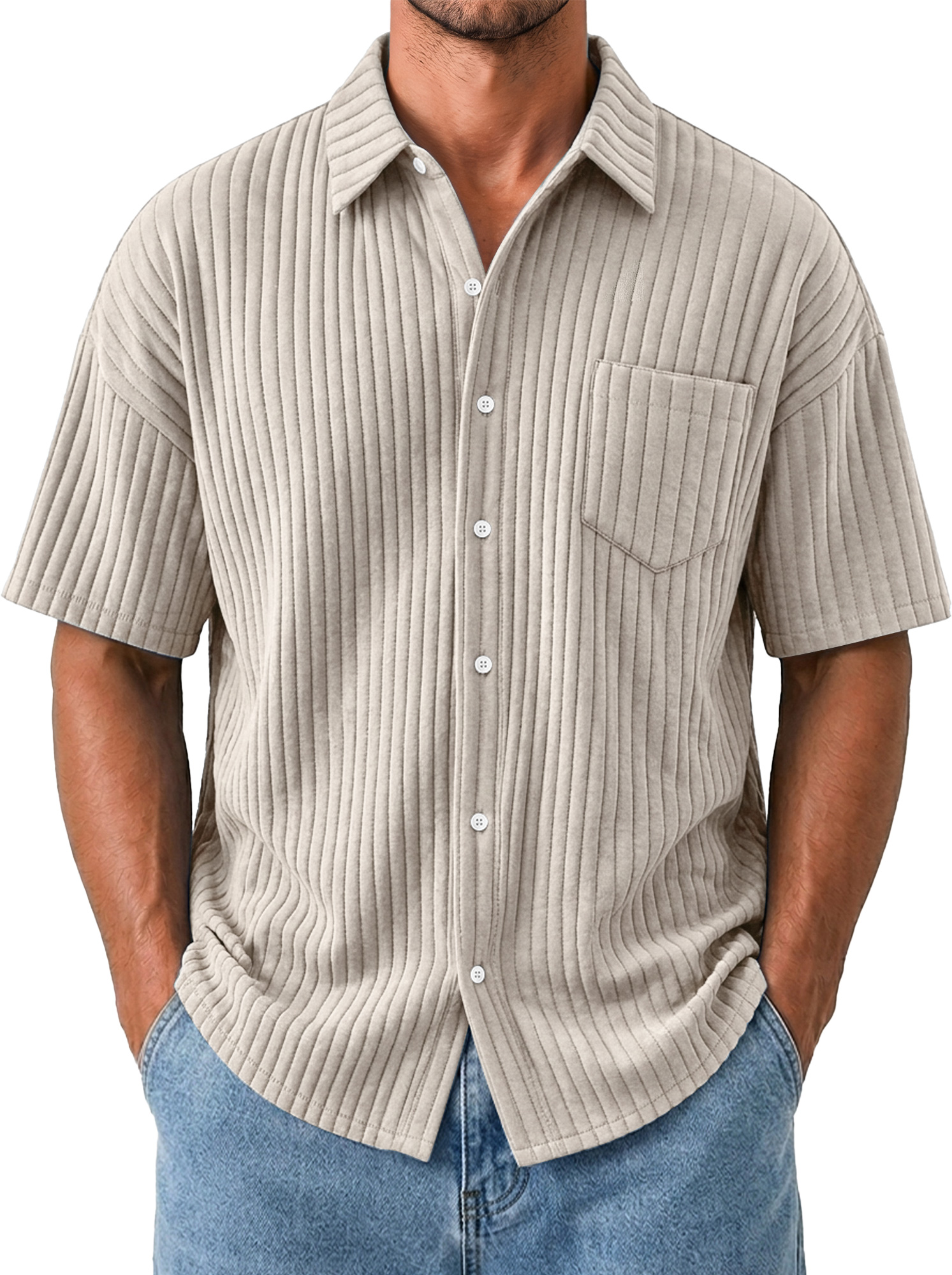Men's Casual Solid-Color Short-Sleeve Shirt with Wide Ribbing