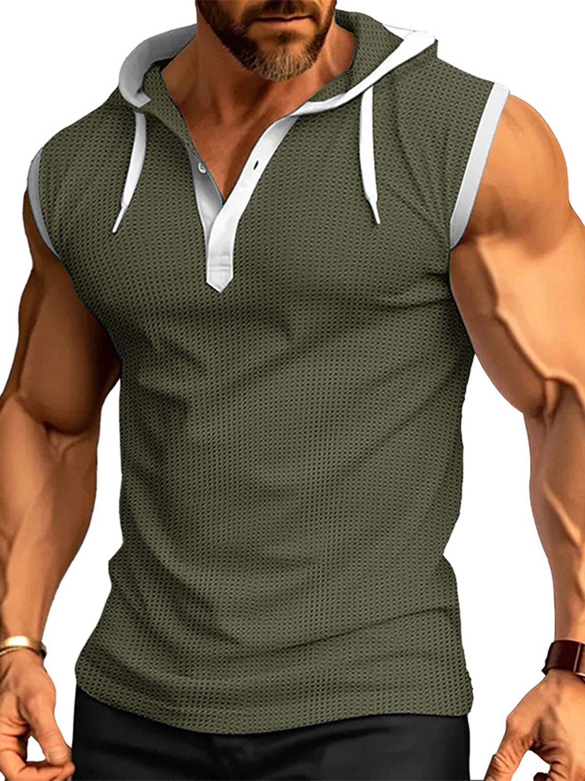 Men's Sleeveless Waffle Hooded Casual Fitness Sports Vest