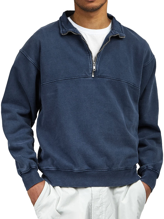 Men's Retro Distressed Quarter Zipper Stand Collar Long-Sleeve Sweatshirt