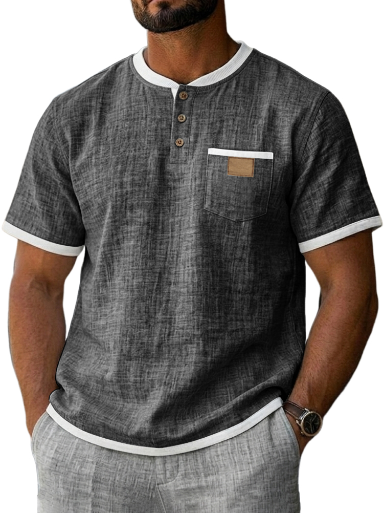Men's Casual Breathable Linen Embroidered Logo Short-sleeved Henley Shirt