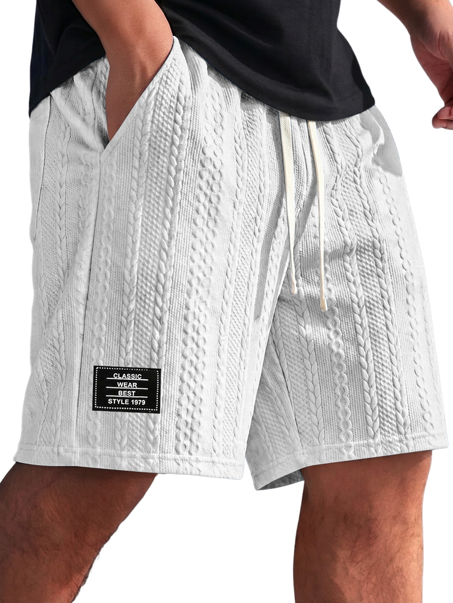 Men's Textured Embroidered Logo Elastic-Waist Casual Shorts