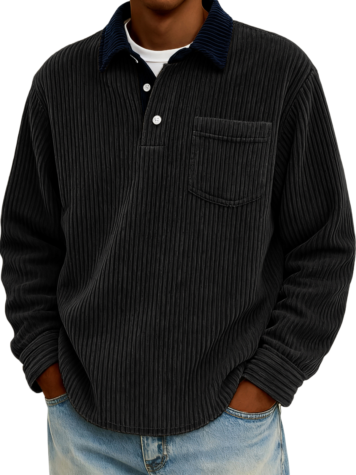 Men's Stylish Corduroy Color-Block Polo Shirt Pullover with Chest Pocket