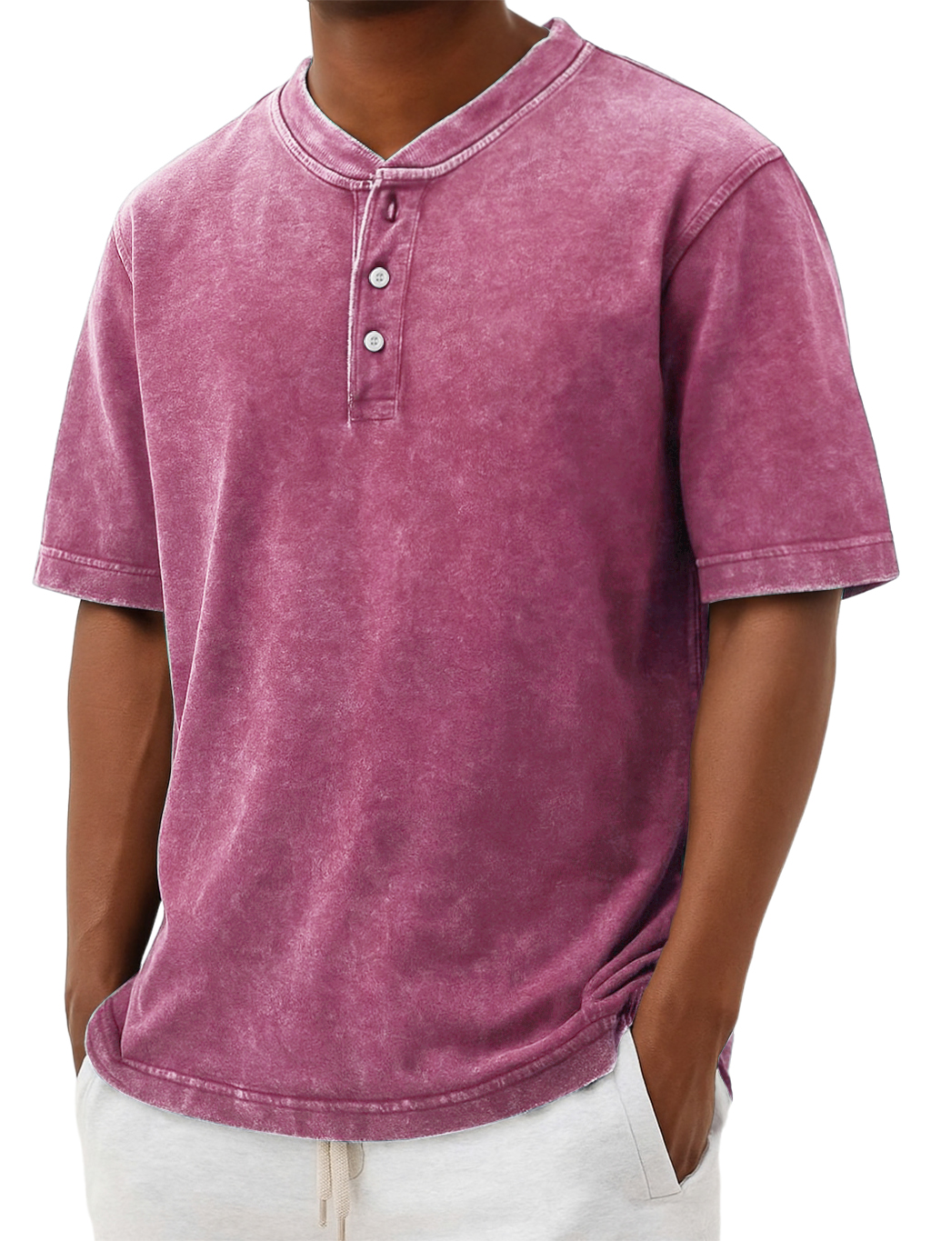 Men's Henry Collar Washed And Distressed Retro Casual Top