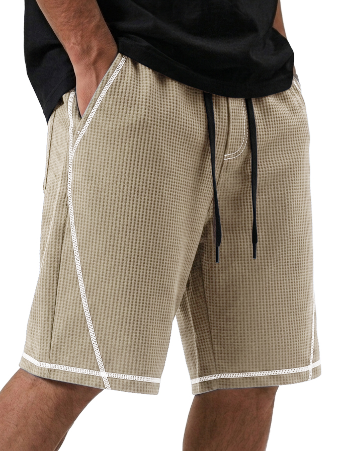 Men's Loose Casual Waffle Deconstructed Multi-Pocket Shorts with Contrast Stitching
