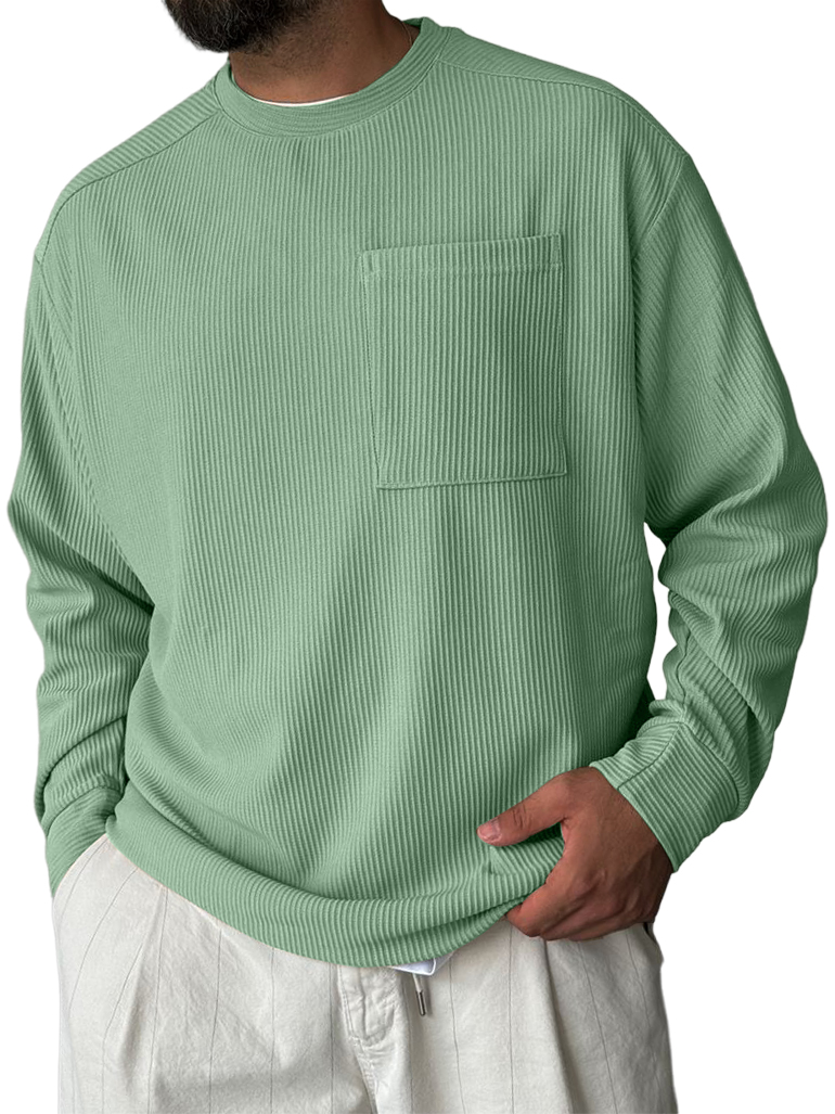 Men's Striped Jacquard Crew Neck Pocket Casual Comfortable Long-sleeved T-shirt