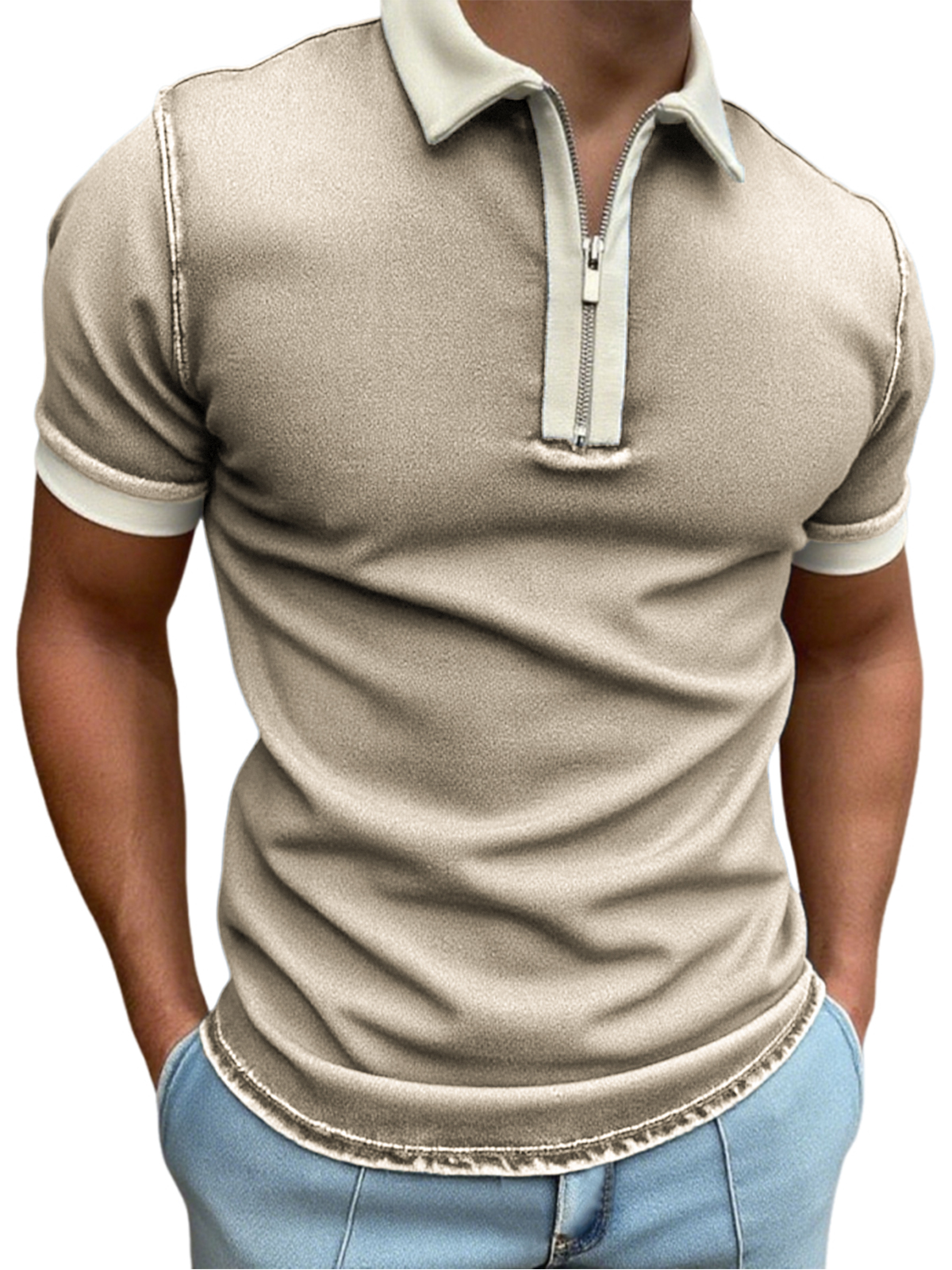 Men's Stylish Distressed Quarter Zip Short Sleeve Lapel Polo Shirt