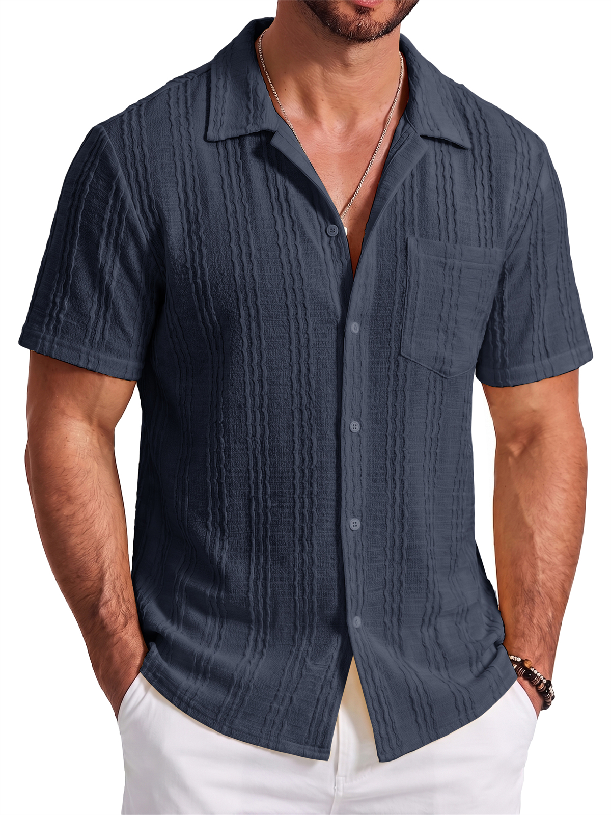 Men's Jacquard Striped Short Sleeve Shirt