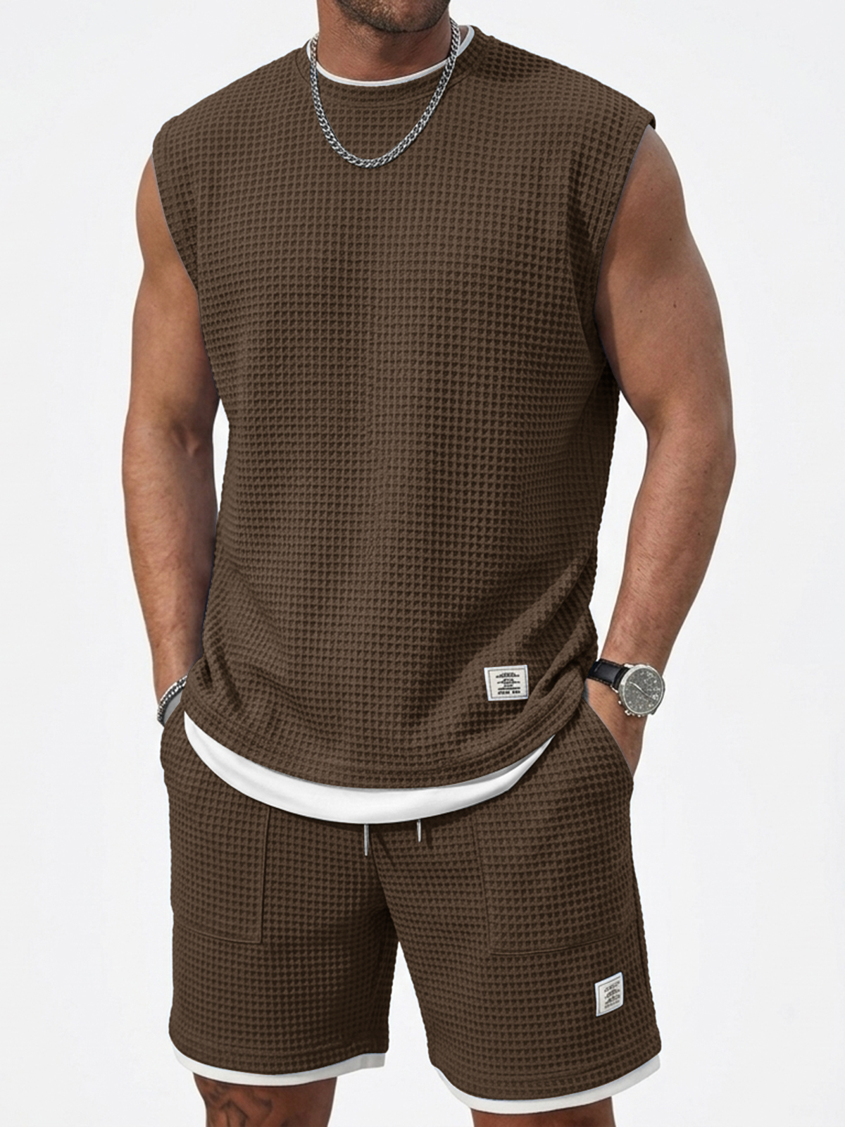 Stylish And Casual Waffle Fabric Vest And Shorts Two-piece Set