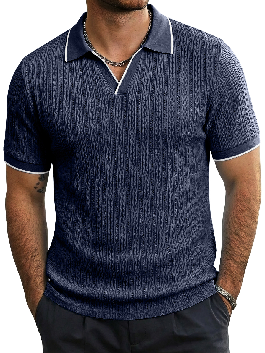 Men's Fashion Casual Jacquard-Knit Short-Sleeve Top with Seagull Collar