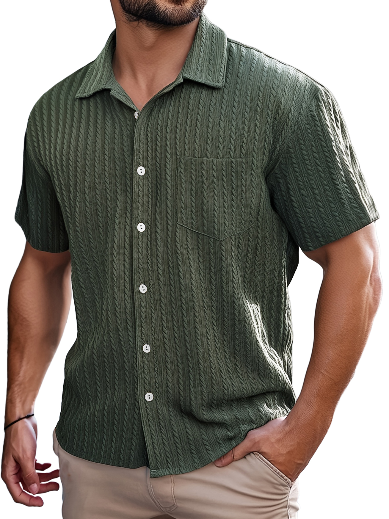 Men's Retro Casual Striped Jacquard Pocket Short-sleeved Shirt