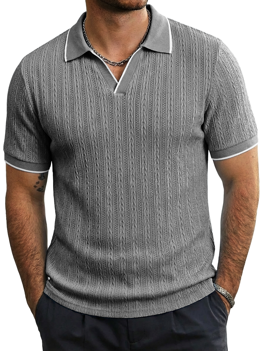 Men's Fashion Casual Jacquard-Knit Short-Sleeve Top with Seagull Collar
