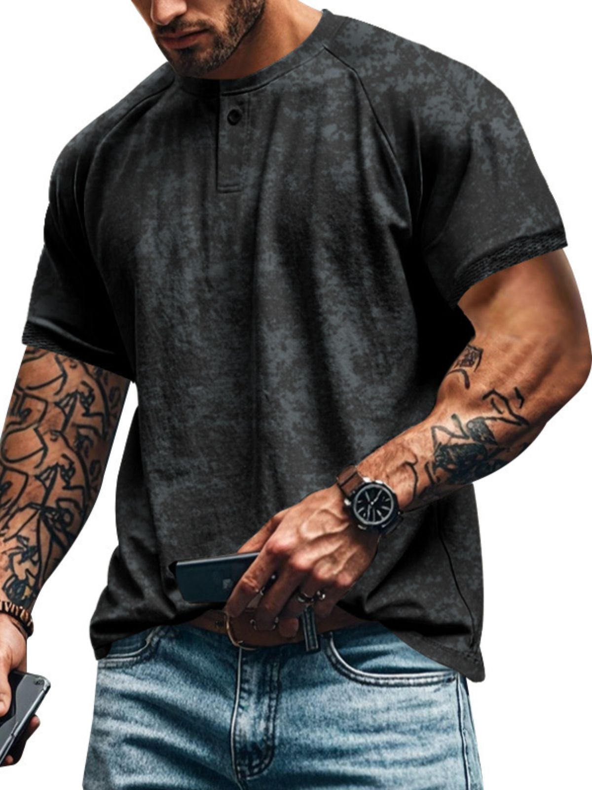 Men's Vintage Raglan Sleeve Henry Distressed Short Sleeve T-Shirt