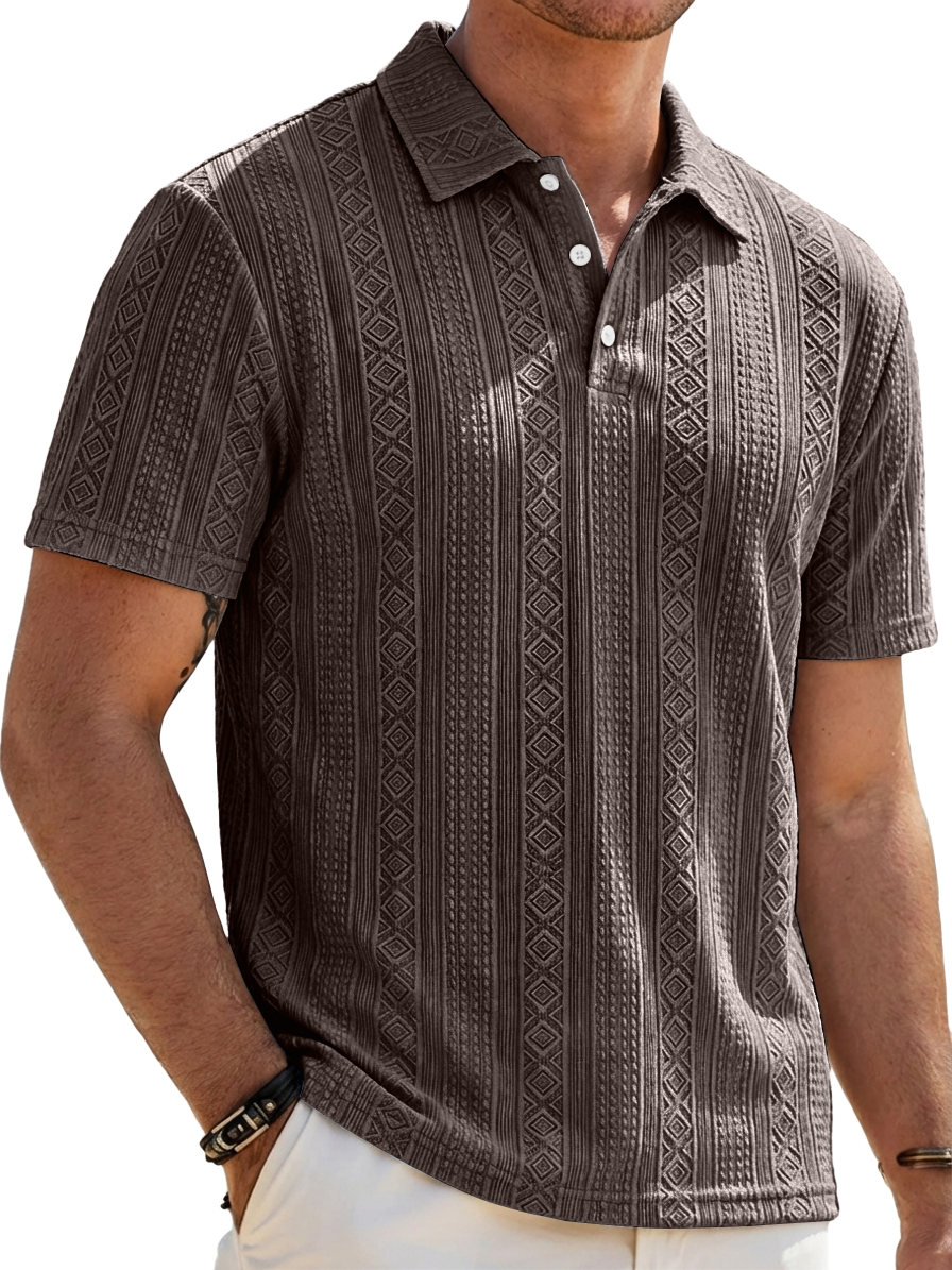 Men's Solid-Color Striped Jacquard Casual Short-Sleeve Polo Shirt