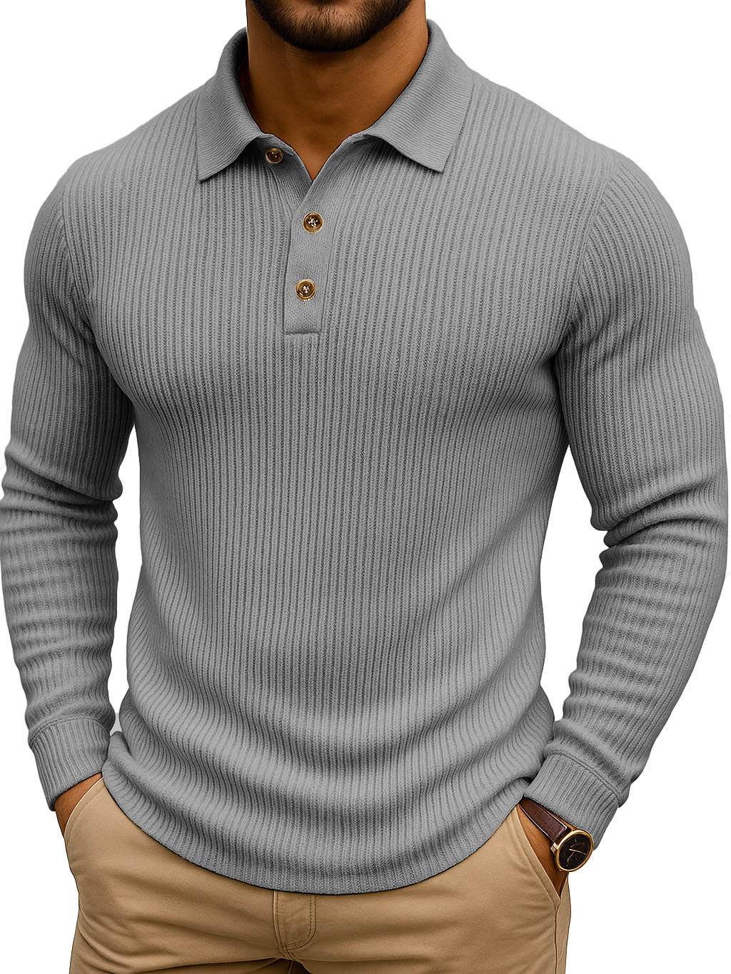 Simple Casual Striped Stretch Long-sleeved Polo Shirt