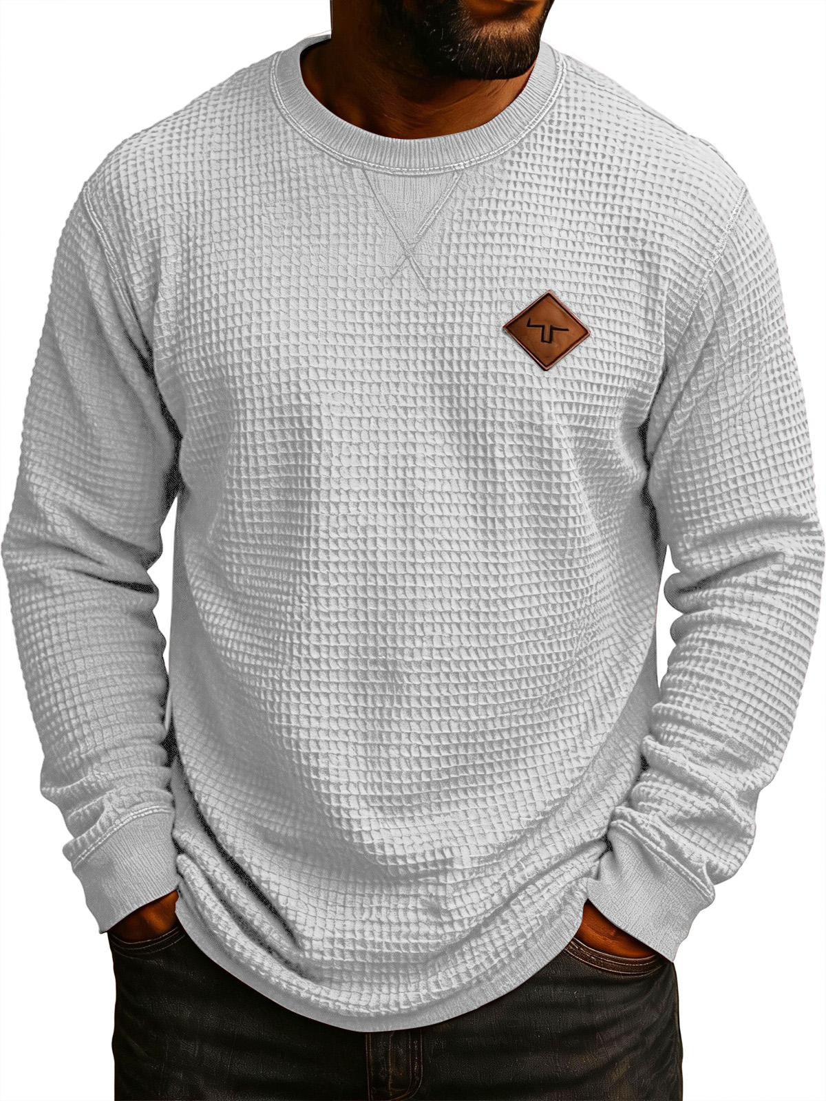 Men's Vintage Workwear Waffle Knit Embroidered Logo Crew Neck Long-Sleeve T-Shirt