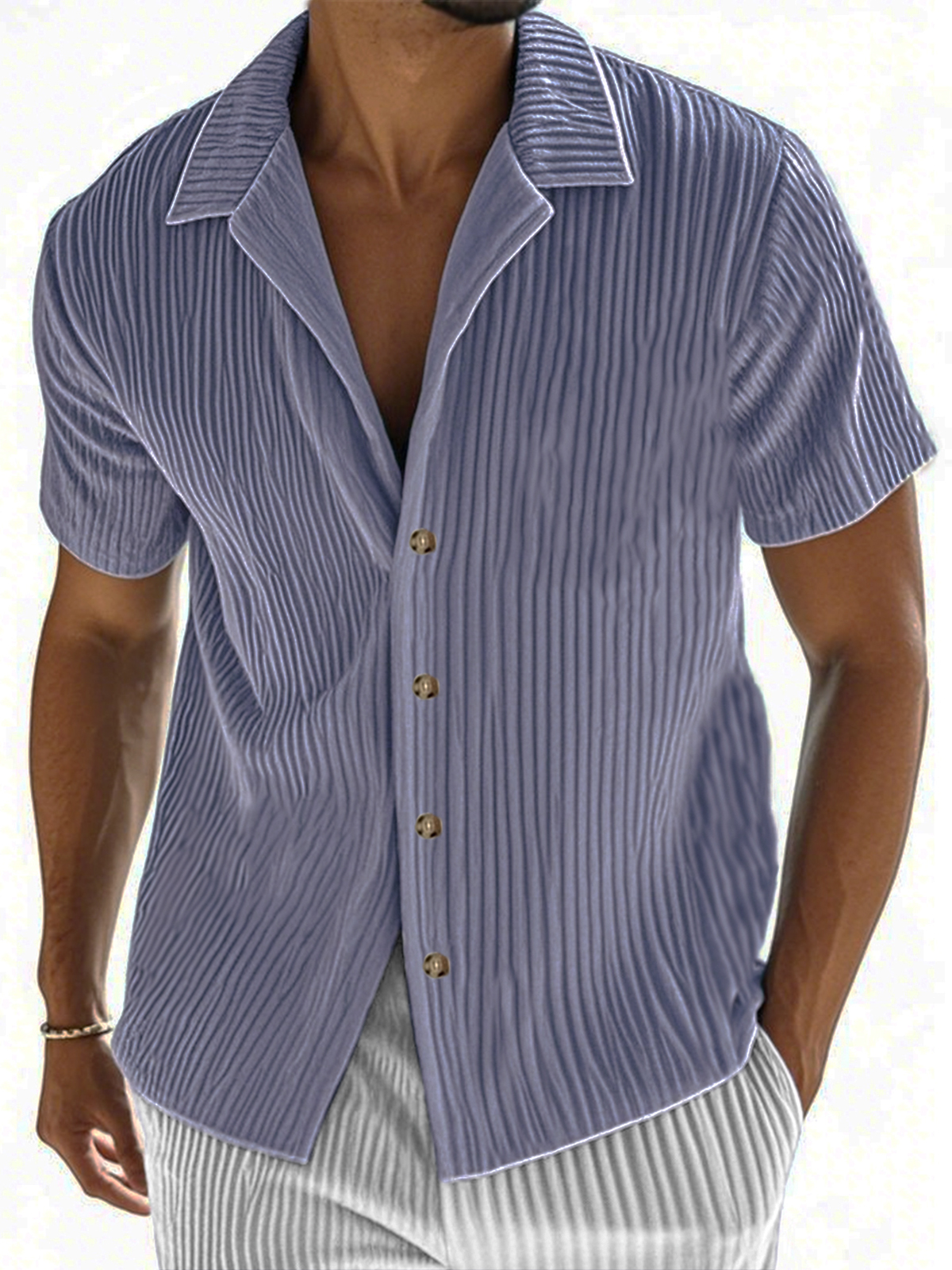 Men's Ribbed Vertical Striped Camp Collar Short-sleeved Lapel Shirt