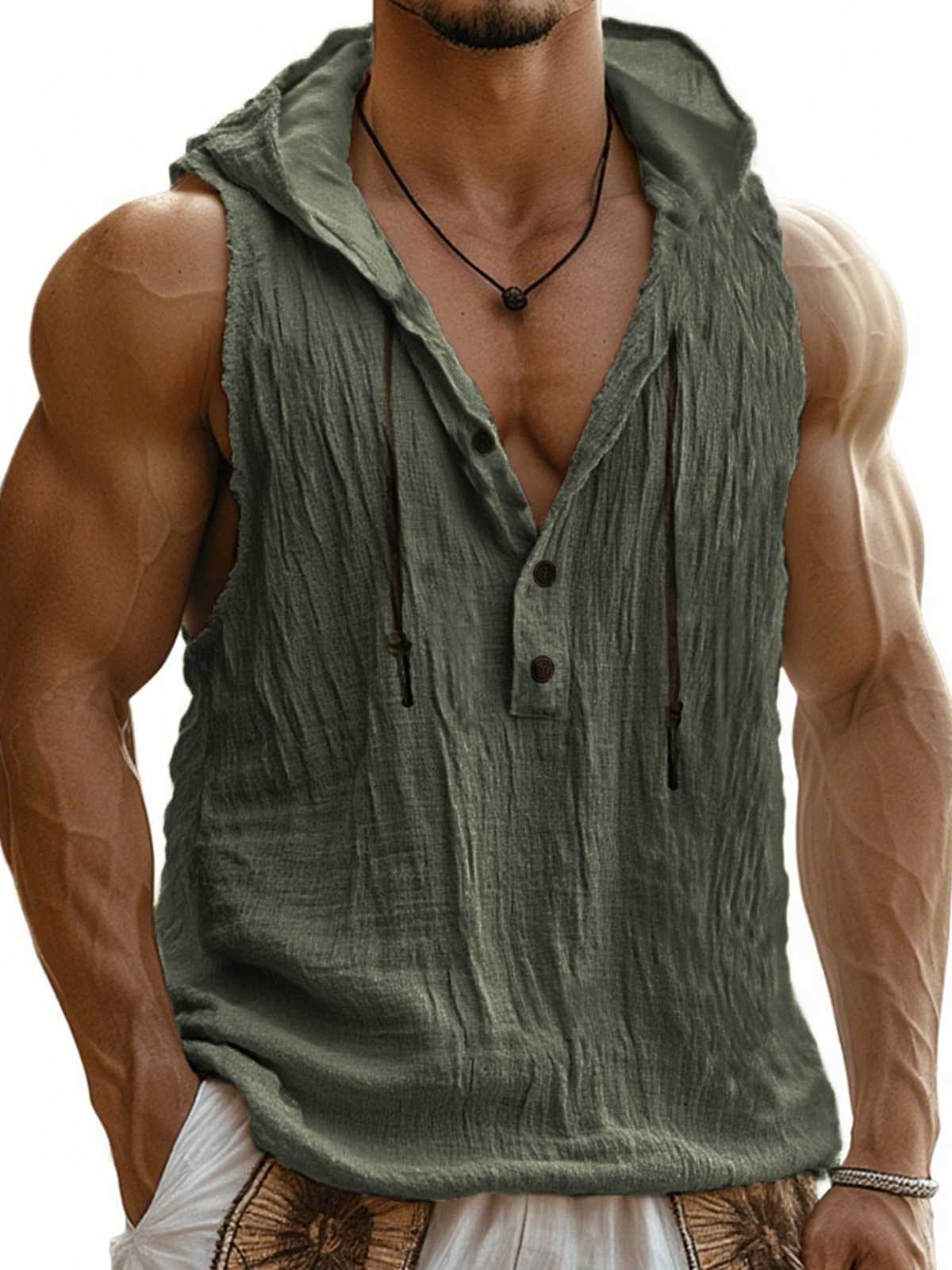 Men's Comfort Linen Sun-proof Drawstring Hooded Sleeveless Vest Vacation Henley Shirt