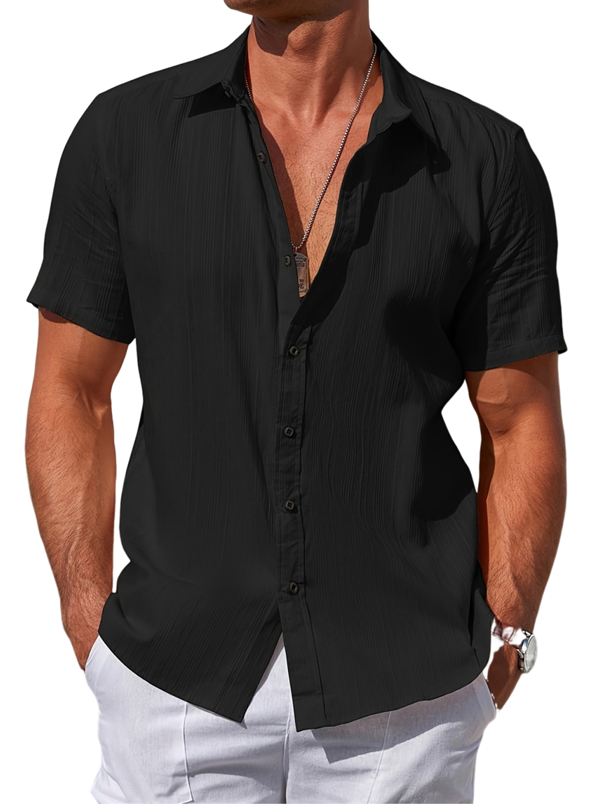 Men's Striped Textured Casual Vacation Short Sleeve Shirt