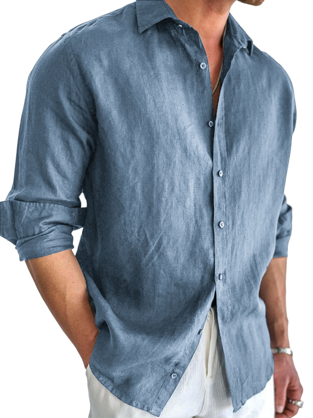 Men's Basic Cotton and Linen Long Sleeve Lapel Loose Button-down Cardigan Shirt