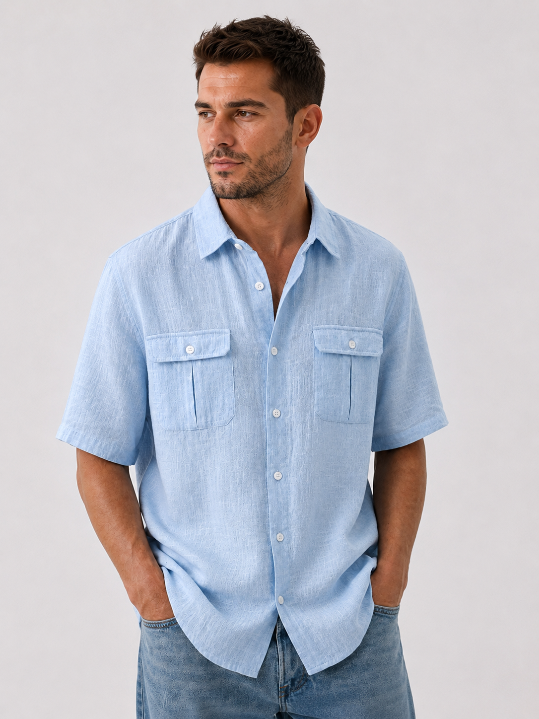 Men's Double Pocket Cotton Linen Casual Short Sleeve Shirt