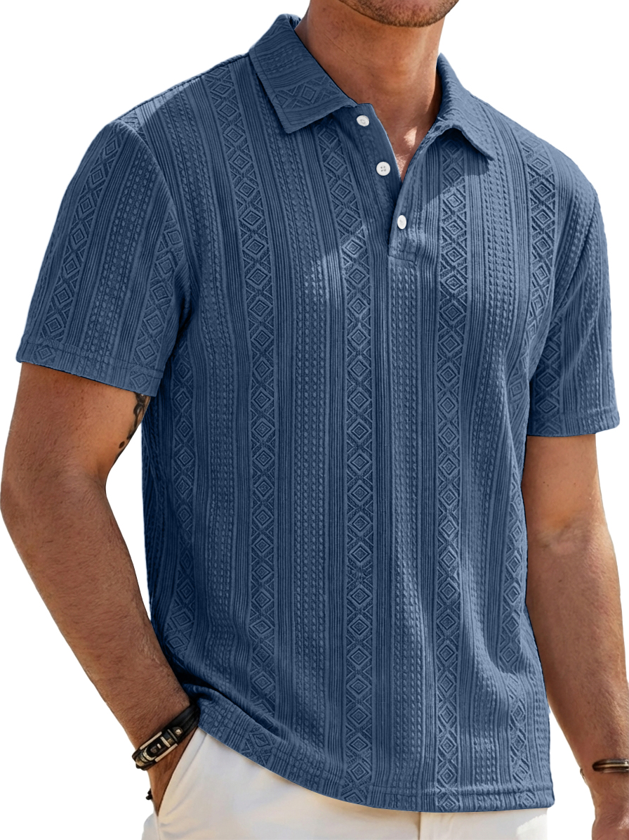 Men's Solid-Color Striped Jacquard Casual Short-Sleeve Polo Shirt