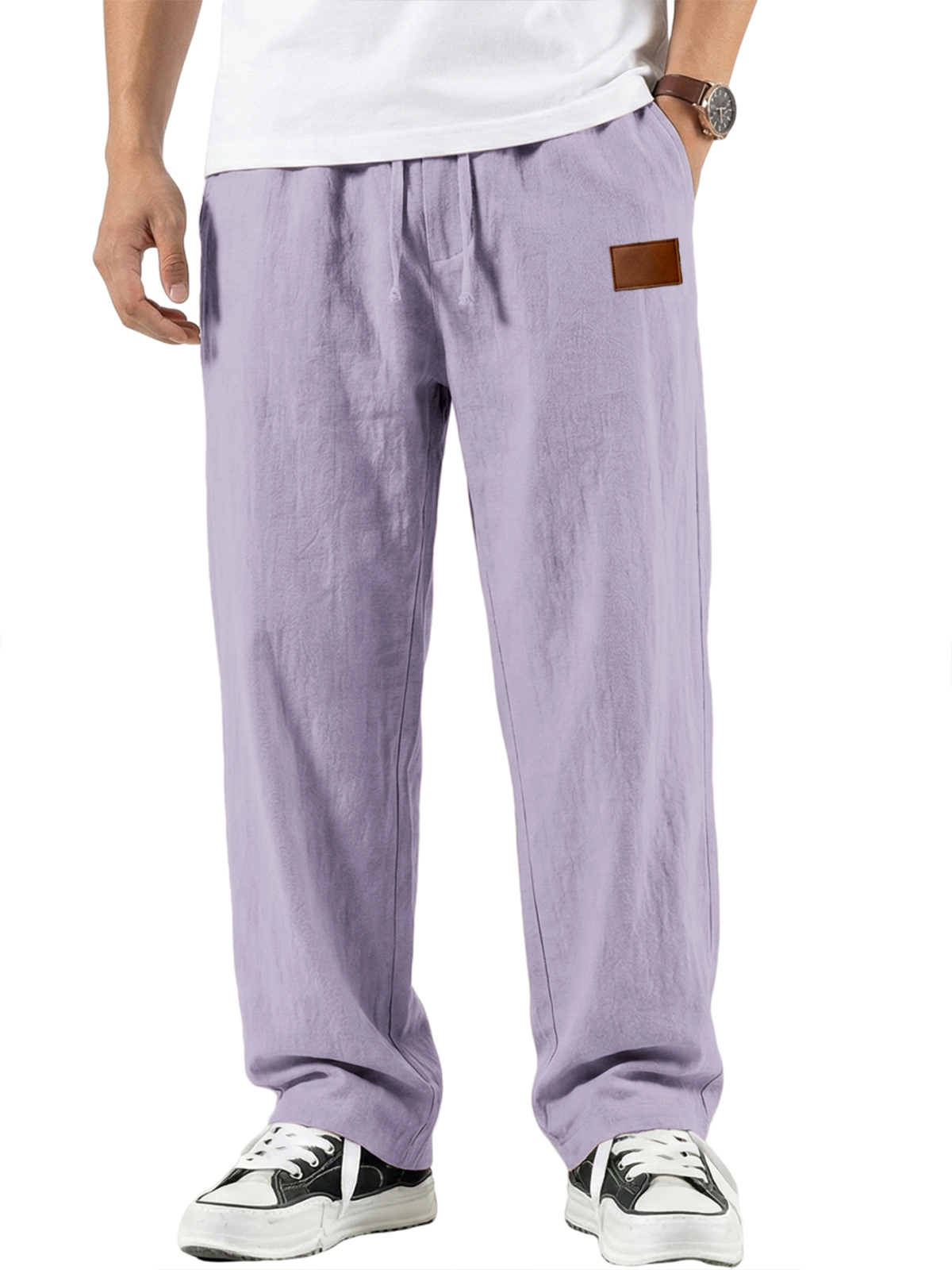 Men's Comfort Cotton-linen Breathable Pants with Embroidered Leather Labels