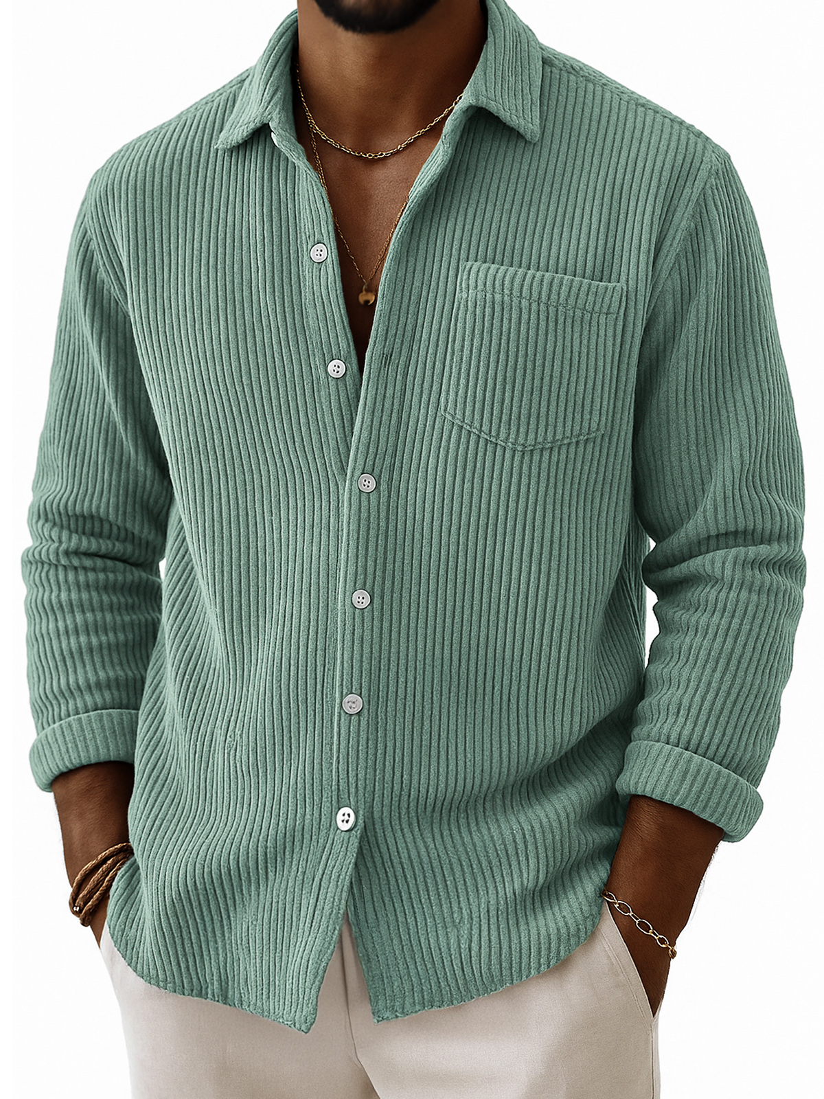 Men's Stylish Corduroy Ribbed Long-Sleeve Shirt with Chest Pocket