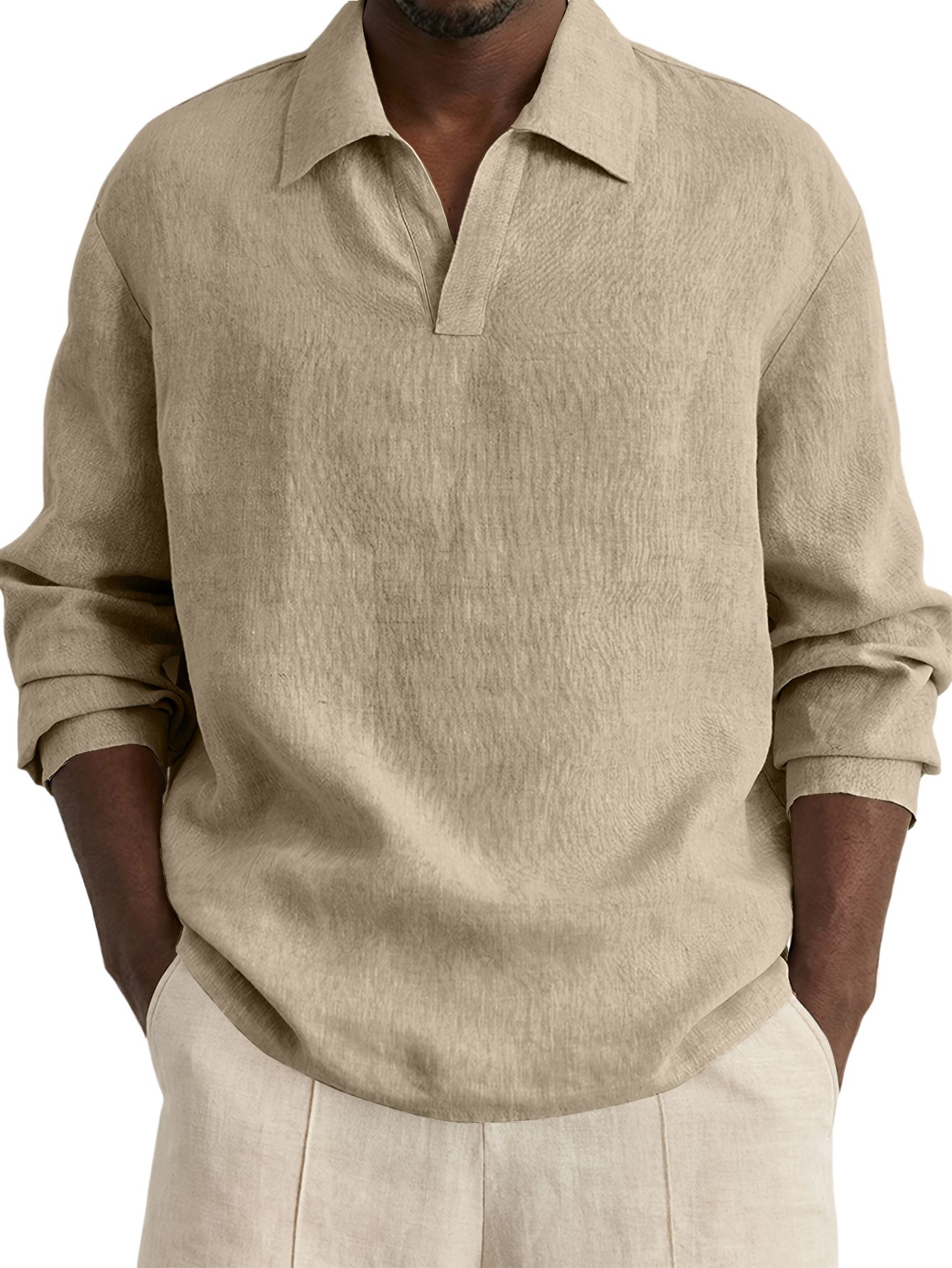 Men's Casual Simple Cotton Linen V-Neck Long-Sleeve Shirt
