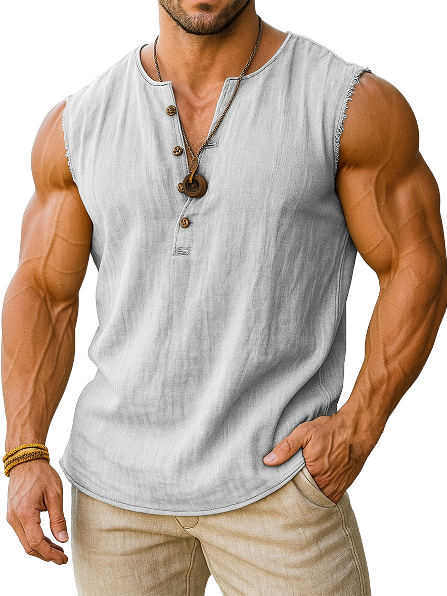 Men's Retro Cotton And Linen Sleeveless Henley Button-down T-shirt