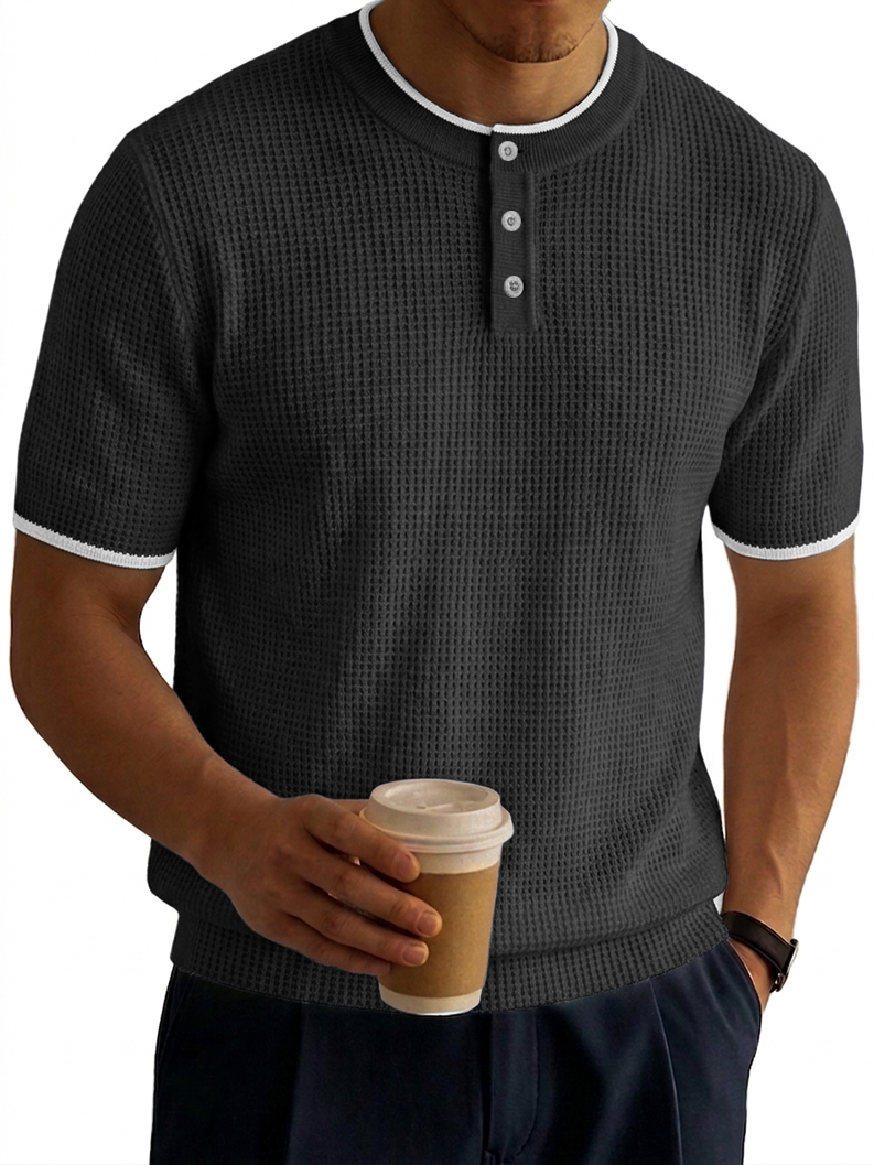 Color-Block Waffle-Knit Basic Casual Henley Shirt