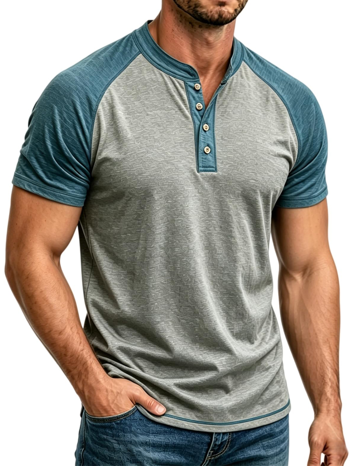 Men's Fashionable Casual Versatile Color-blocked Raglan Sleeve Henley Shirt