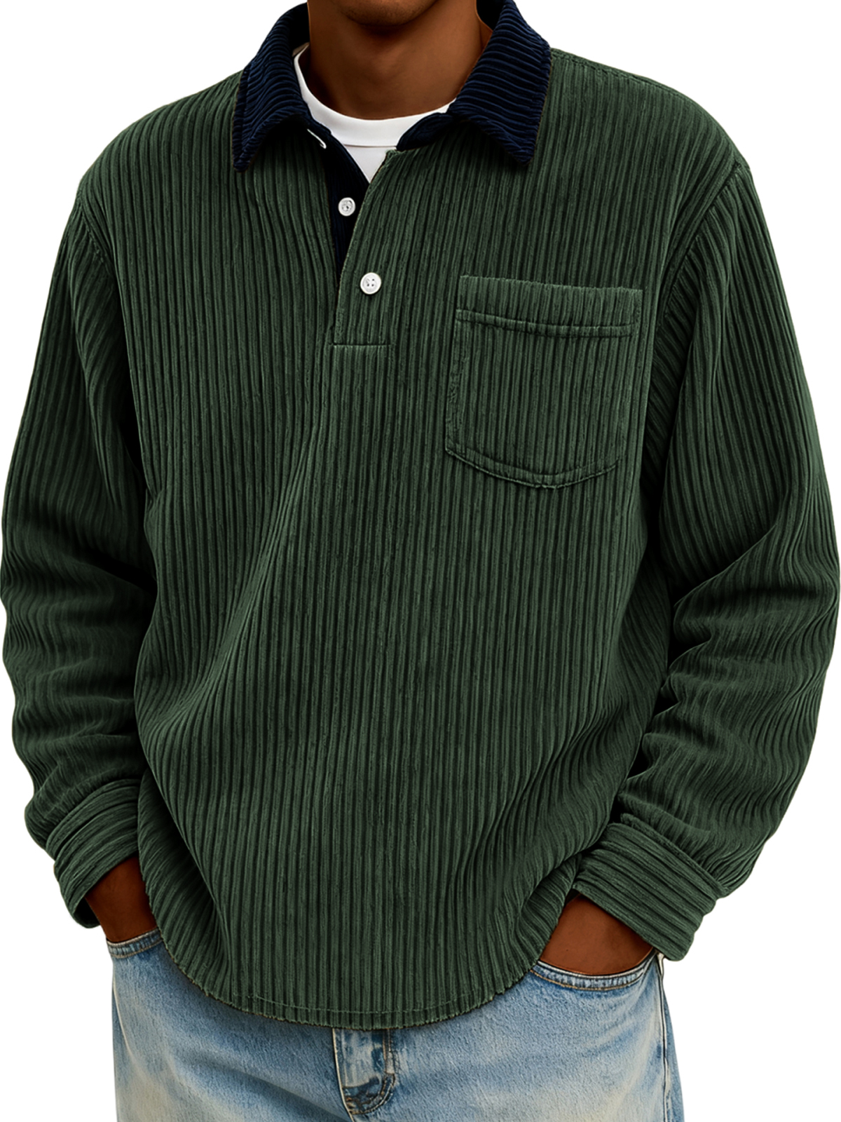 Men's Stylish Corduroy Color-Block Polo Shirt Pullover with Chest Pocket