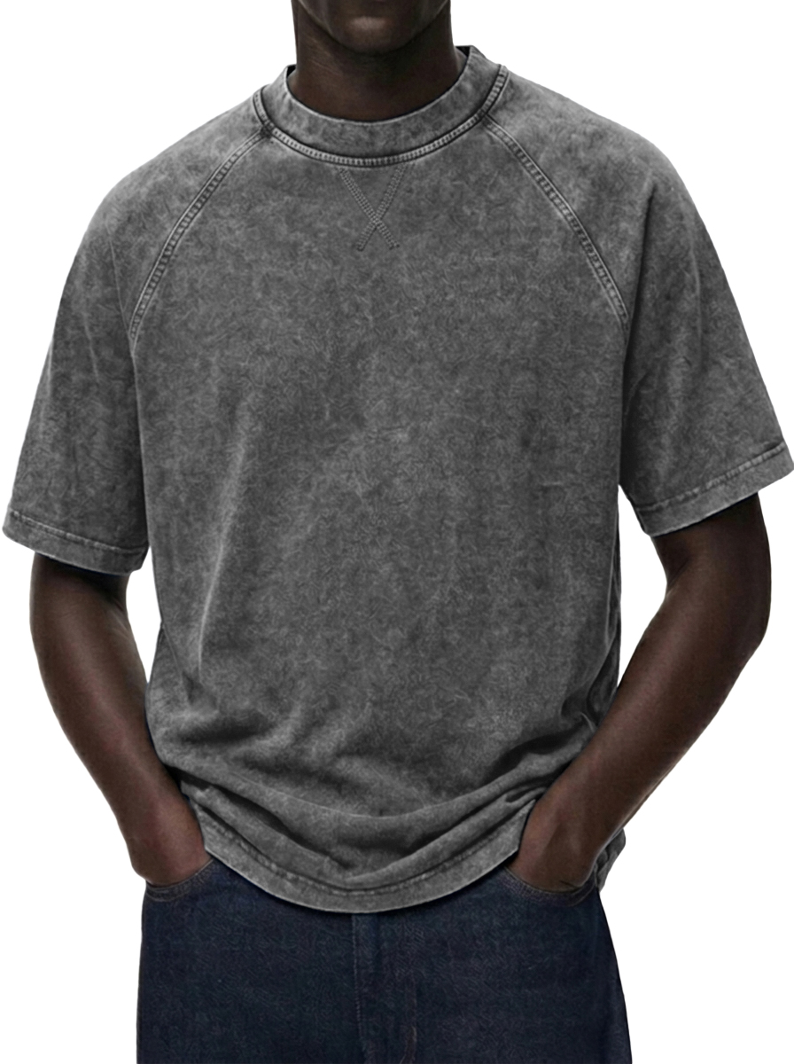 Men's Washed  Distressed Raglan Sleeve Crewneck T-Shirt