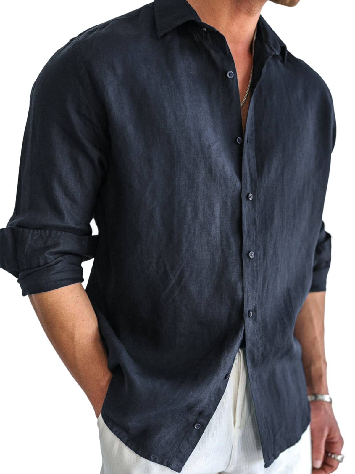 Men's Basic Cotton and Linen Long Sleeve Lapel Loose Button-down Cardigan Shirt