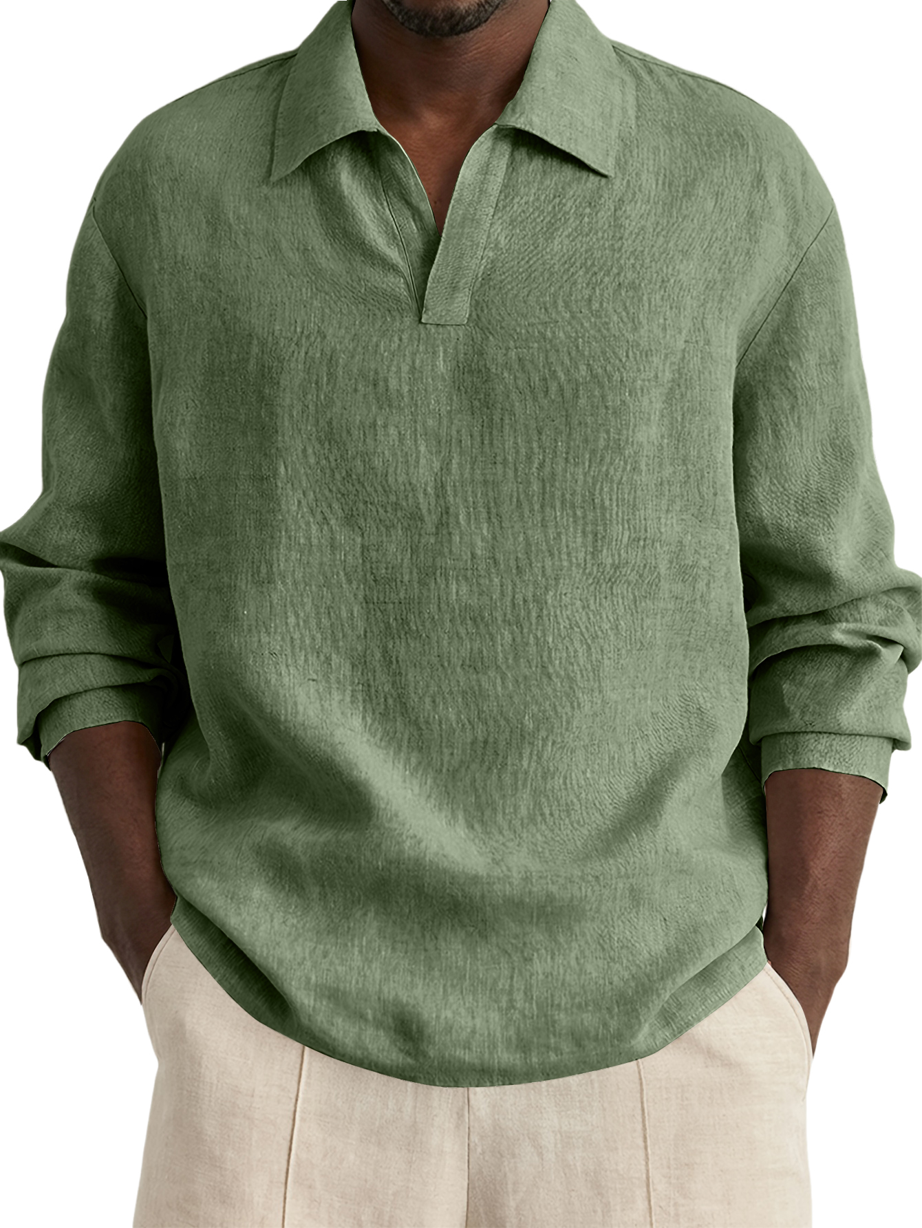 Men's Casual Simple Cotton Linen V-Neck Long-Sleeve Shirt