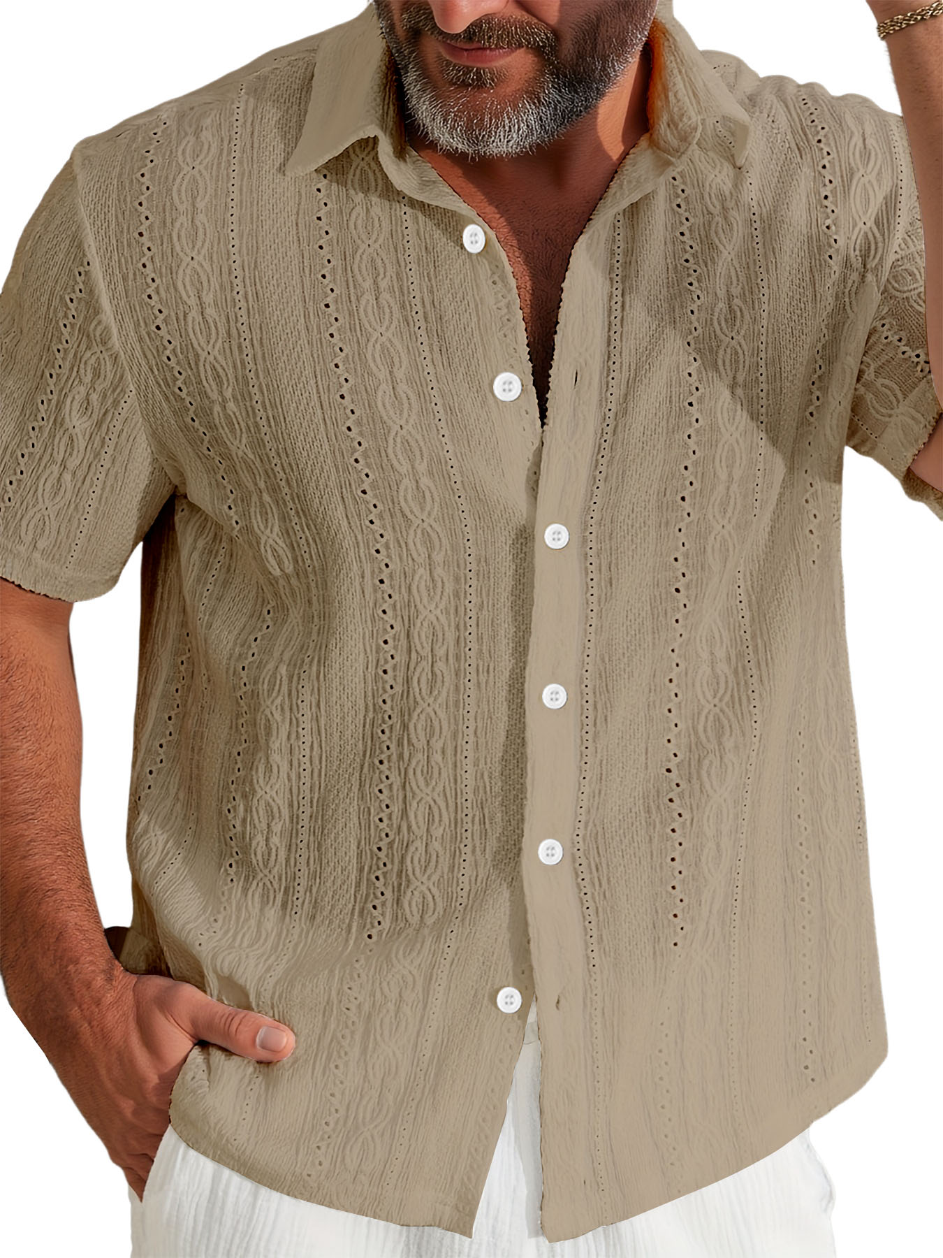 Men's Jacquard Lapel Casual Blue Short-sleeved Shirt