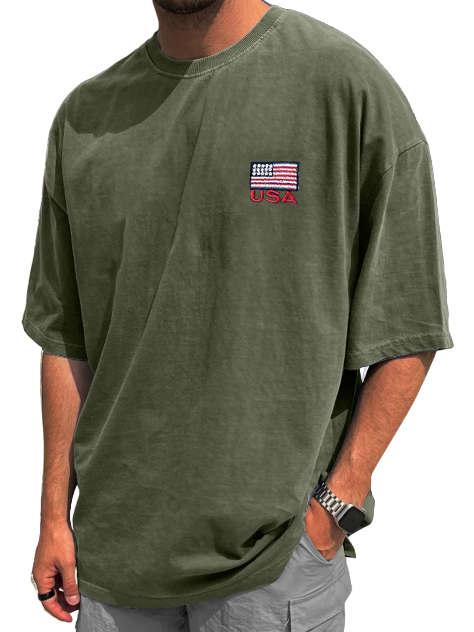 Men's Vintage Washed & Distressed Crew-Neck T-Shirt with "USA" Print