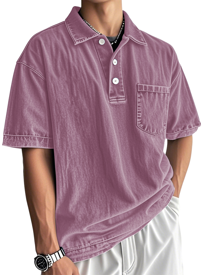 Men's Washed And Distressed Cotton Vintage Casual Polo Shirt