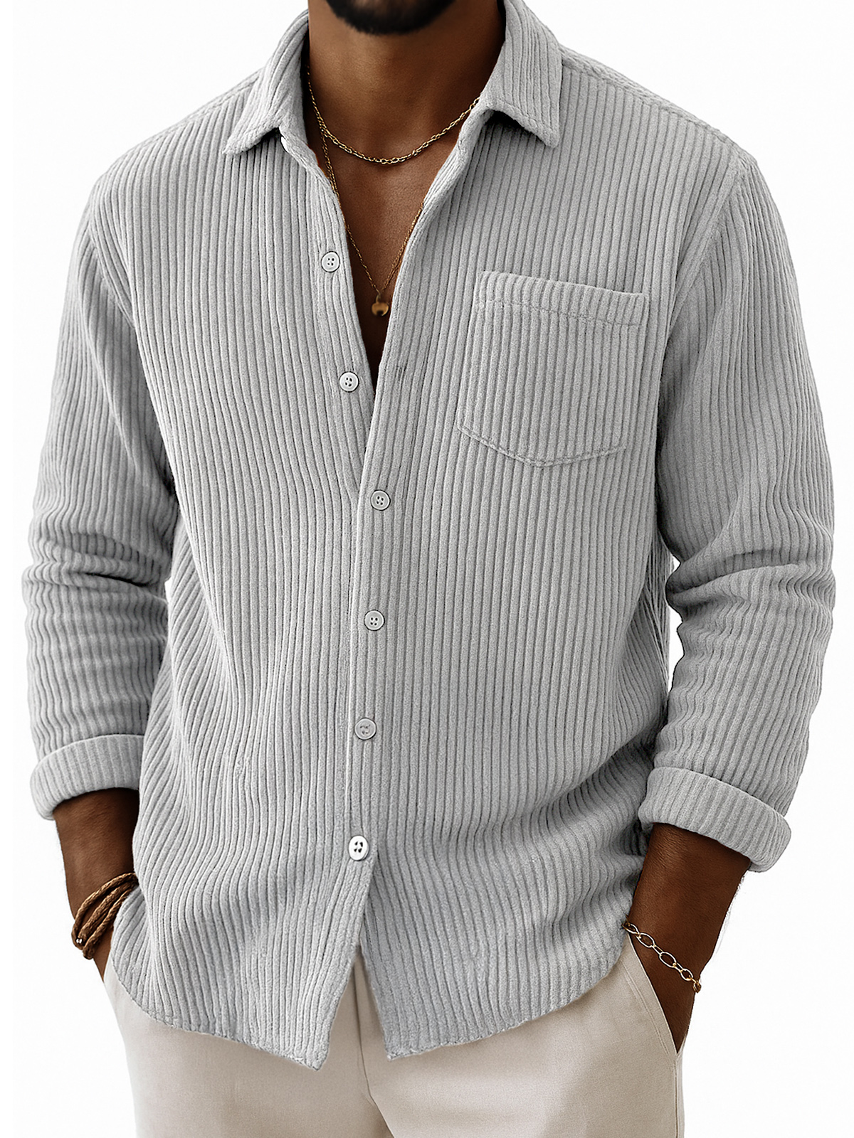 Men's Stylish Corduroy Ribbed Long-Sleeve Shirt with Chest Pocket