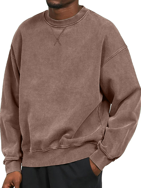 Men's Vintage Washed Distressed Crew Neck Cotton Long-Sleeve Sweatshirt
