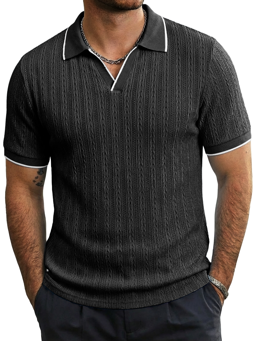 Men's Fashion Casual Jacquard-Knit Short-Sleeve Top with Seagull Collar